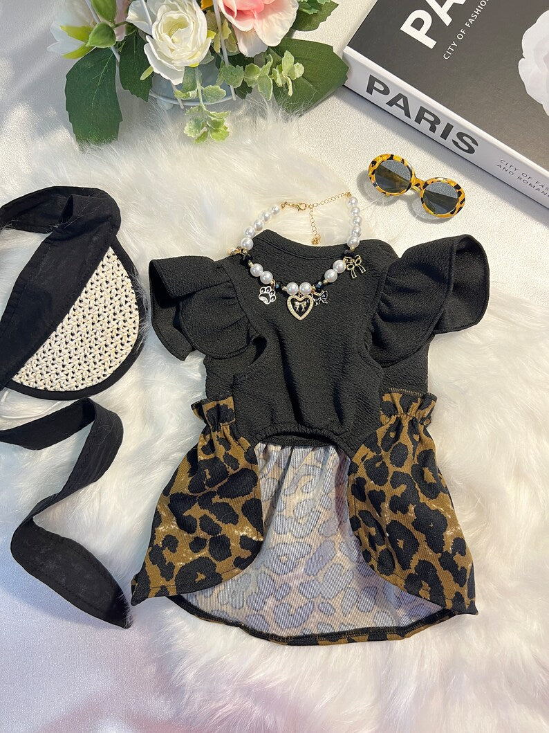 Leopard Dog Dress Set: Glamorous Pet Outfit with Cap, Sunglasses & Necklace