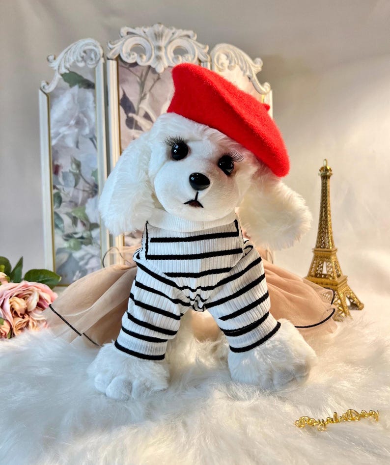 Parisian Chic: Bear Dress and Red Beret Set from Fashionable Paris Line, Dress for pets, small dog outfit, dog costume party, dog fashion