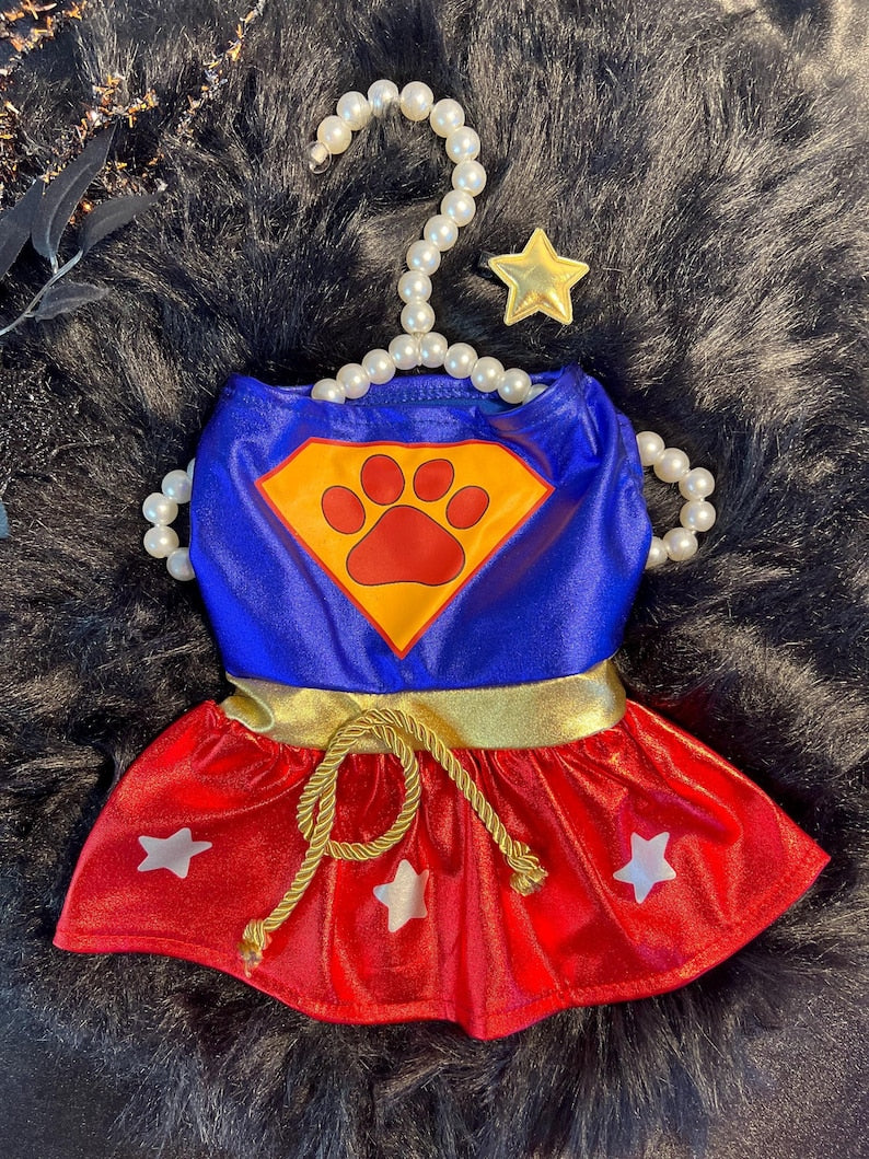 Pet Super Woman Costume - Cute Halloween Costume for Cats and Dogs, dog clothes, pet clothing, pet costume party, dog Halloween outfit