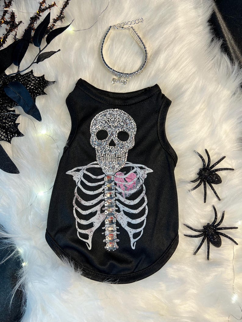 Spooky Halloween Pet Tee with Skeleton Rhinestone - Includes Bone Necklace ,Halloween dog shirt , cute pet costume, dog Halloween outfit