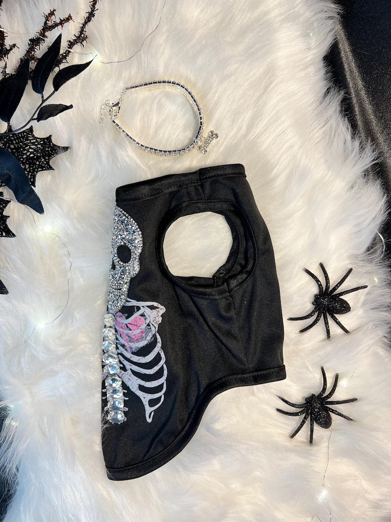 Spooky Halloween Pet Tee with Skeleton Rhinestone - Includes Bone Necklace ,Halloween dog shirt , cute pet costume, dog Halloween outfit