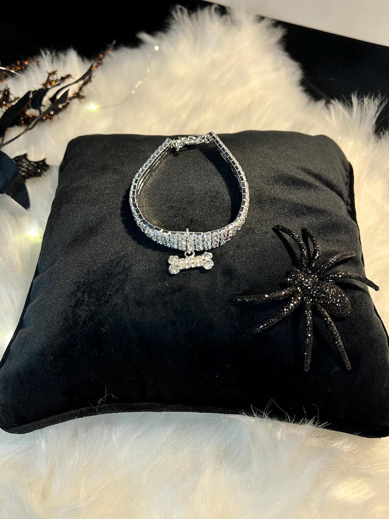 Spooky Halloween Pet Tee with Skeleton Rhinestone - Includes Bone Necklace ,Halloween dog shirt , cute pet costume, dog Halloween outfit