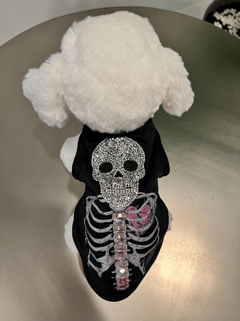 Spooky Halloween Pet Tee with Skeleton Rhinestone - Includes Bone Necklace ,Halloween dog shirt , cute pet costume, dog Halloween outfit