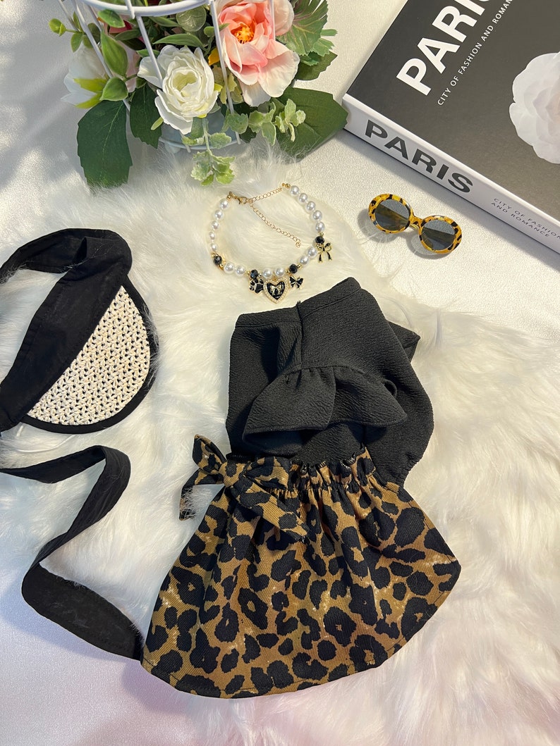 Leopard Dog Dress Set: Glamorous Pet Outfit with Cap, Sunglasses & Necklace