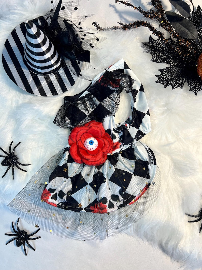 Halloween Dog Dress With Skull And Red Flower With Eye, dog clothes, pet clothing, pet costume party, dog Halloween outfit, dog dress