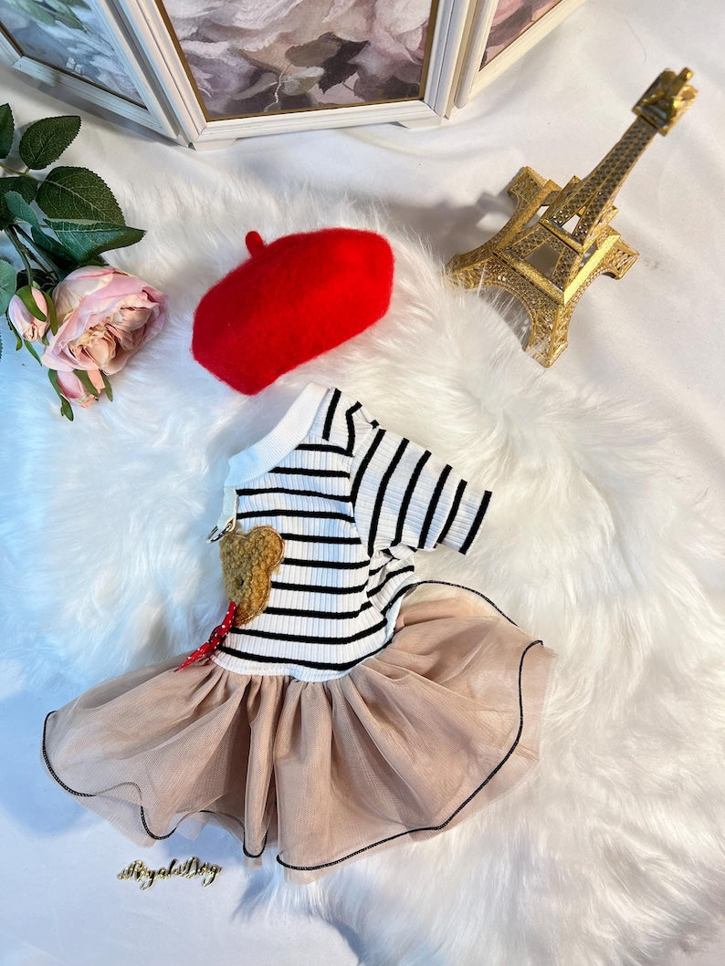 Parisian Chic: Bear Dress and Red Beret Set from Fashionable Paris Line, Dress for pets, small dog outfit, dog costume party, dog fashion