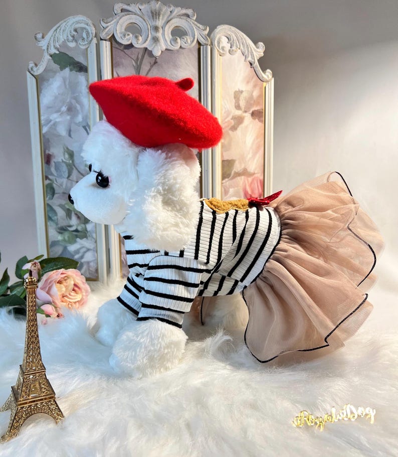 Parisian Chic: Bear Dress and Red Beret Set from Fashionable Paris Line, Dress for pets, small dog outfit, dog costume party, dog fashion