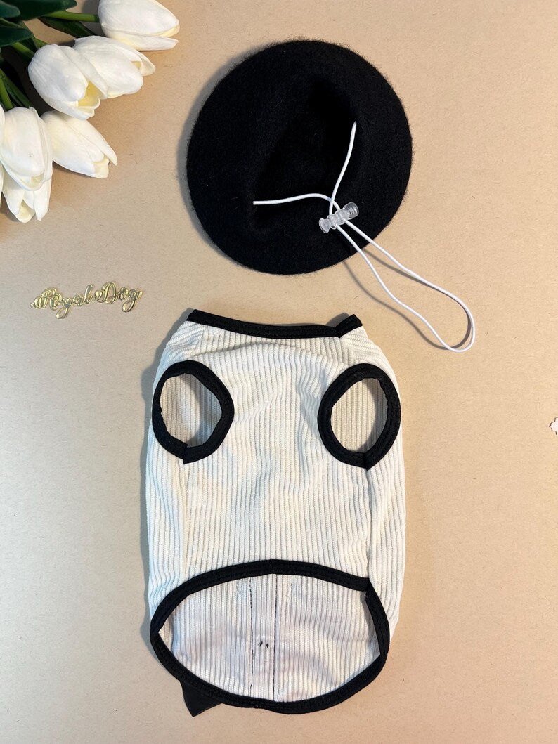Pet Couture: Luxury Dog Shirt with Beret - Adorable Canine Ensemble , dog clothes, dog dress, pet clothing, dog shirt, pet fashion