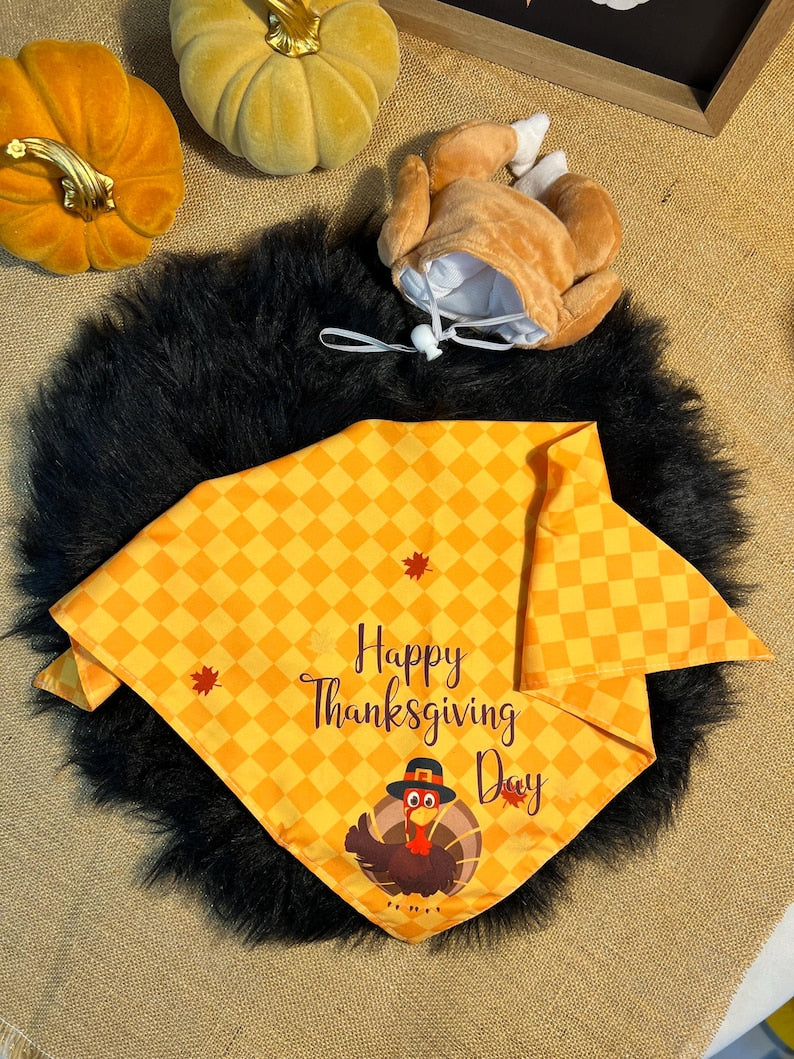 Turkey Hat and Bandana Set - Thanksgiving Pet Outfit, thanksgiving turkey dog hat, American holiday Dog hat, bandanna for Dog, cat hat