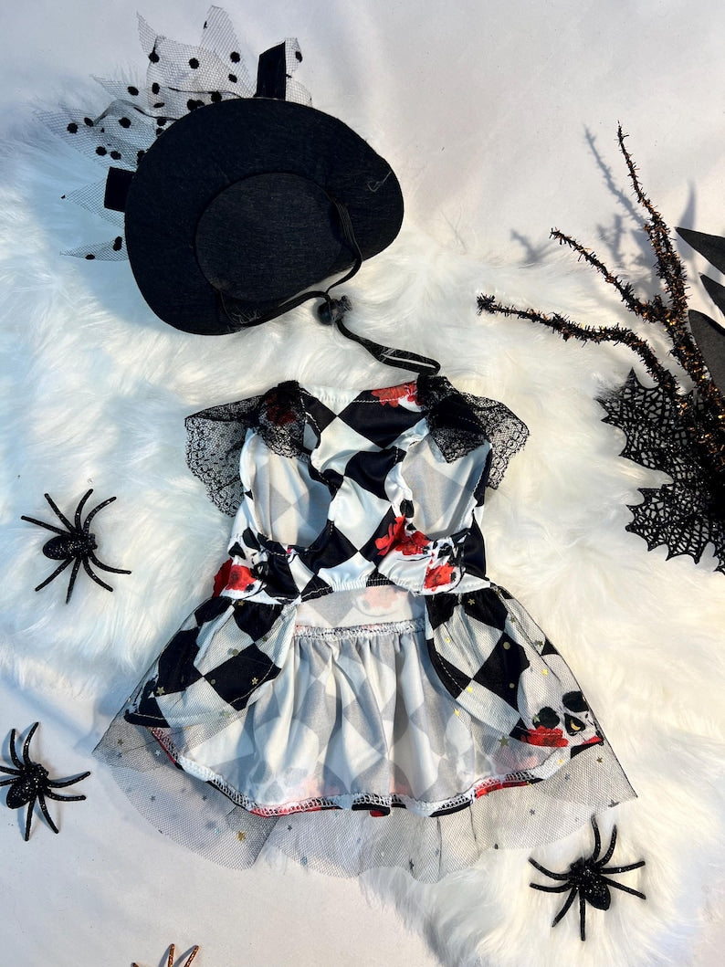 Halloween Dog Dress With Skull And Red Flower With Eye, dog clothes, pet clothing, pet costume party, dog Halloween outfit, dog dress