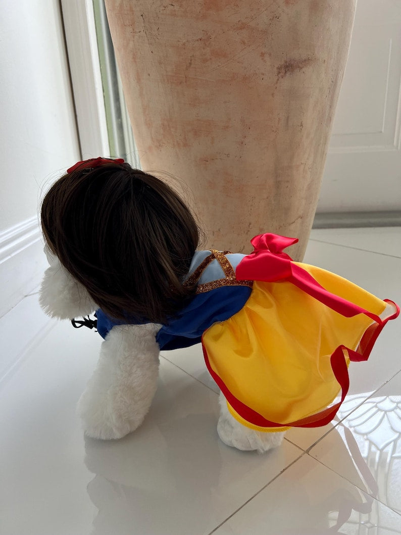 Pet Halloween Costume: Snow White Dog Dress with Matching Wig - Handcrafted Beauty, pet costume party, dog Halloween outfit, dog costume