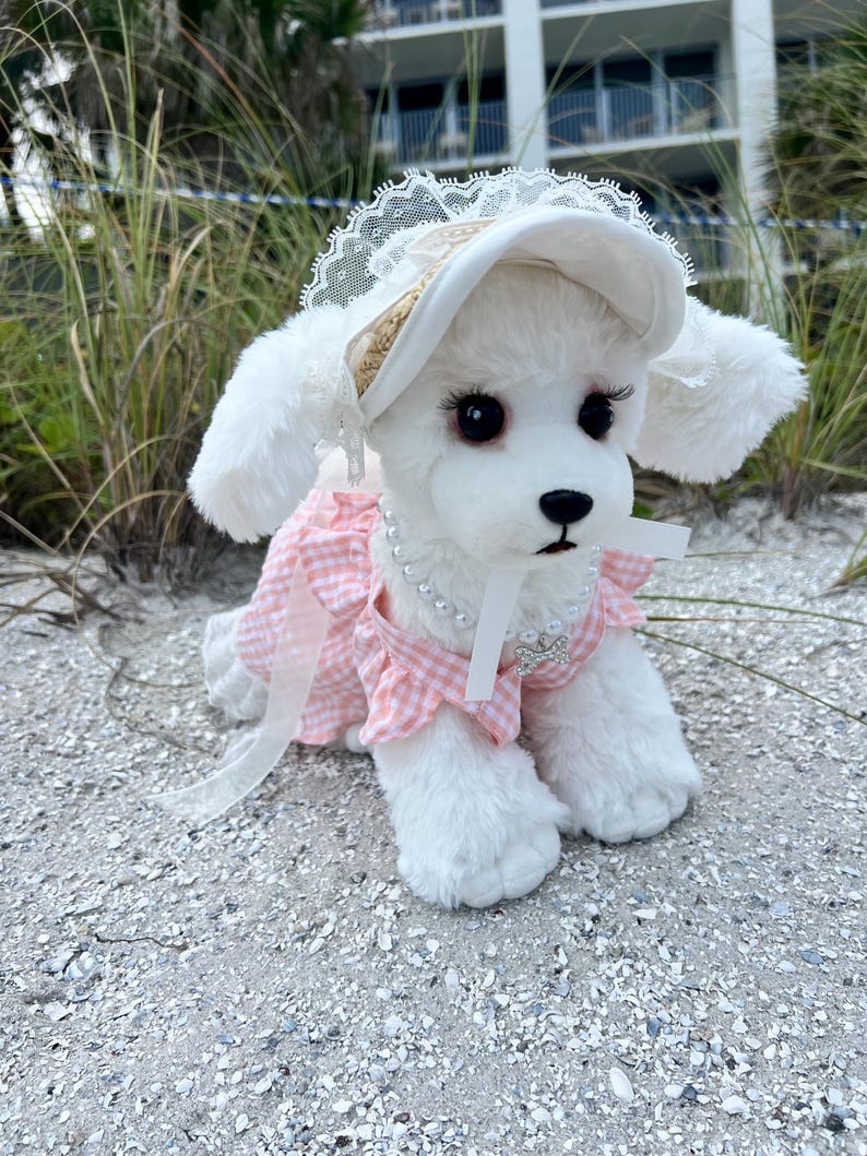 Chic Pink Outfit Set: Sundress, Lace Panama Hat, & Statement Necklace, Elegant and Chic Dog Clothes for Weddings, tutu Dog dress, Summer dog