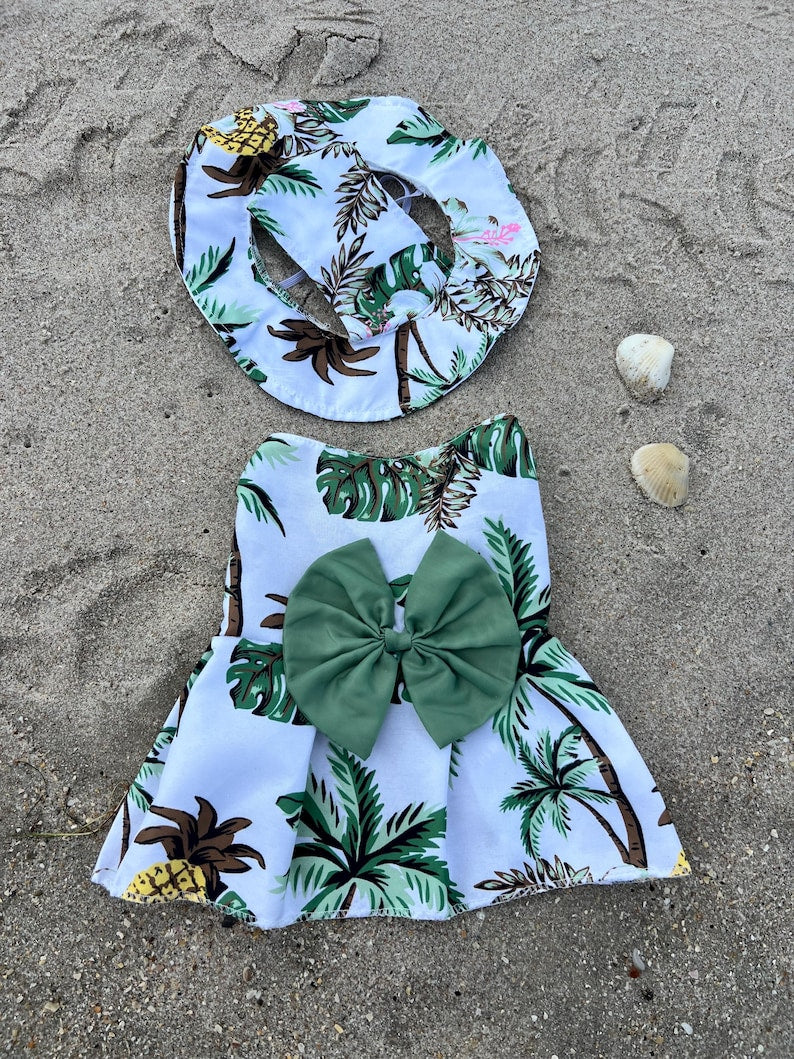 Dog Beachwear Combo: Floral Dress with Panama Hat, Hawaiian Dress and Sun Hat, dress for pets, small dog outfit, aloha Hawaii dress