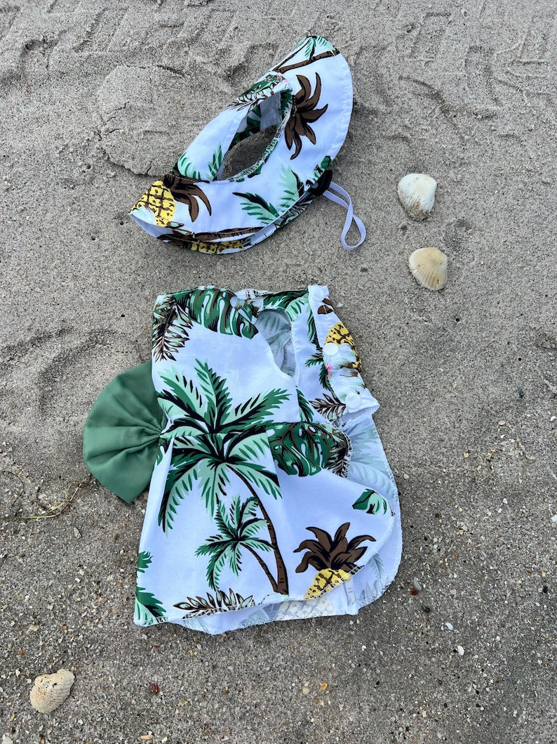 Sunshine Style: Dog Sundress & Stylish Straw Hat, Hawaiian Dress and Sun Hat, dress for pets, small dog outfit, aloha Hawaii dress,