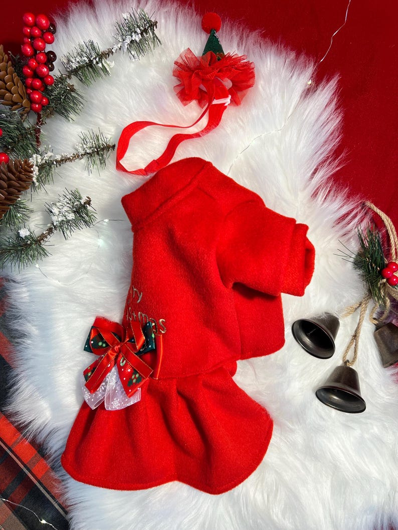 Festive Pup Outfit Set: Christmas Dress & Adorable Hat, Dress for pets, small dog clothes, Christmas dress for dog, Christmas dog outfit