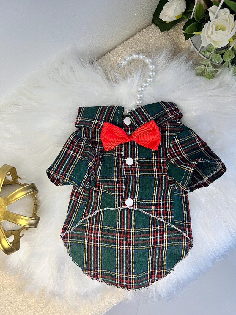 Pet Attire: Green Plaid Crowned Shirt for Pooches, shirt for pets, small dog outfit, Dog fashion, dog Clothes, Green dog shirt, dog pajamas