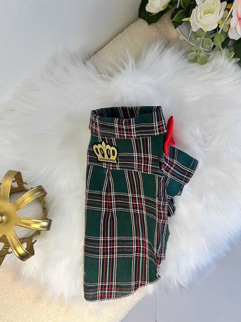 Pet Attire: Green Plaid Crowned Shirt for Pooches, shirt for pets, small dog outfit, Dog fashion, dog Clothes, Green dog shirt, dog pajamas