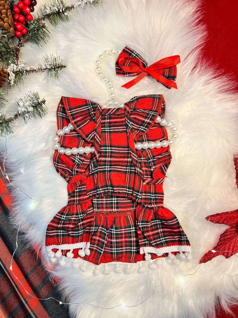 Royal Red Plaid Dog Outfit with Crown and Sweet Bow Clip, dress for pets, small dog outfit, Dog fashion, dog Clothes, wadding dog Clothes