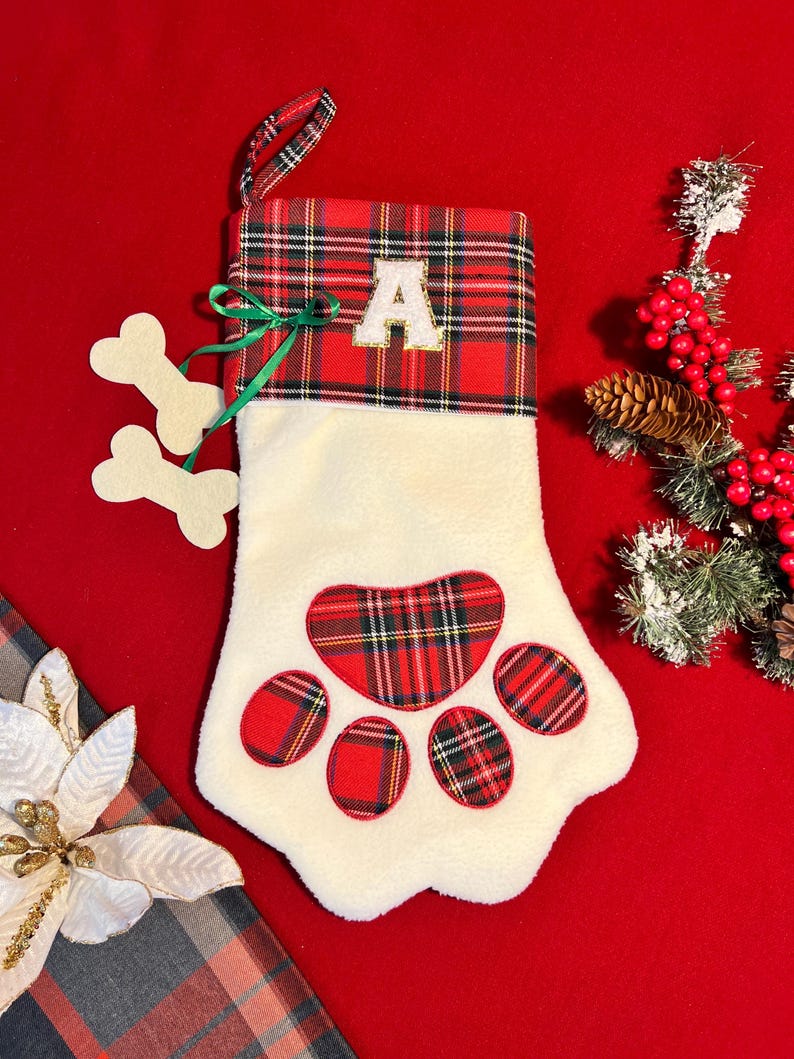 Monogrammed Christmas Stocking for Pets - Custom Gift with Initial, paw stocking, pet stocking, plaid pet stocking, Christmas gift, Dog gift