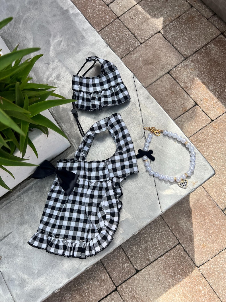 Chic Dog Sun Outfit - Panama Hat & Pearl Chain, dress for pets, small dog outfit, dog costume party, Dog fashion, Dog dress, fancy dog dress