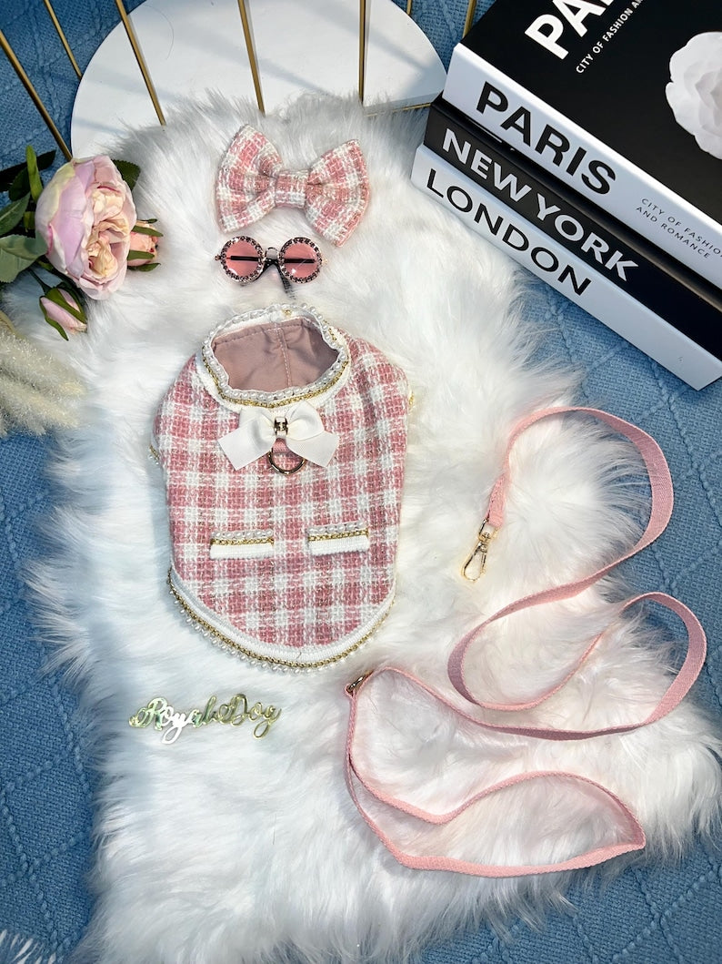 Chic Pink Dog harness with Glasses & Bow - Fashionable Pet Accessory, dog cape, small dog outfit, dog costume party, Dog fashion, dog harnes
