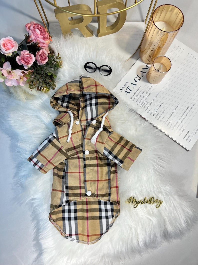 Trendy Canine Hooded Coat & Glasses in Beige - Fashion Forward Dog Apparel, classic dog trench coat, cat coat dog fashion wear, puppy outfit