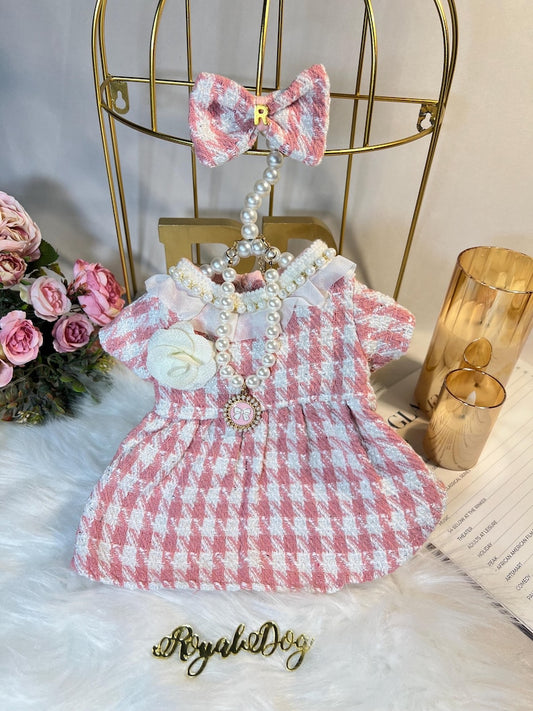 Personalized Pink Tweed Pet Dress with Necklace & Clip - Stylish Dog Outfit, pink Dog dress, Custom dog clothes, wedding birthday dog outfit