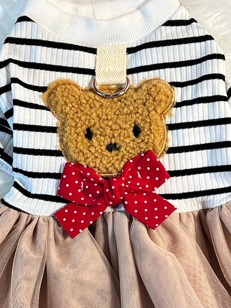 Luxury Dog Dress with Red Beret – Parisian Style Bear Print Outfit for Small Dogs | Yorkie, Poodle, Chihuahua Pet Clothes