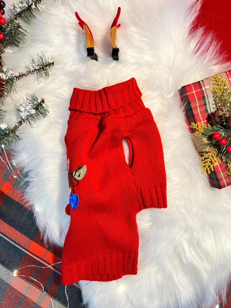Holiday Dog Sweater - Deer Design with Cute Horn Clips, Dress for pets, small dog clothes, Christmas dress for dog, Christmas dog sweater