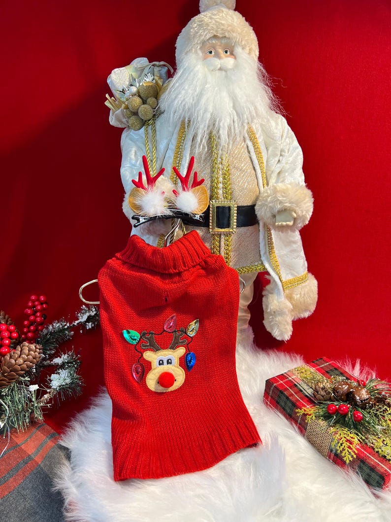Holiday Dog Sweater - Deer Design with Cute Horn Clips, Dress for pets, small dog clothes, Christmas dress for dog, Christmas dog sweater