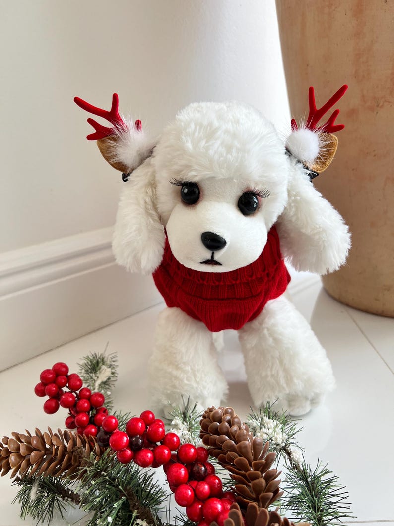 Holiday Dog Sweater - Deer Design with Cute Horn Clips, Dress for pets, small dog clothes, Christmas dress for dog, Christmas dog sweater