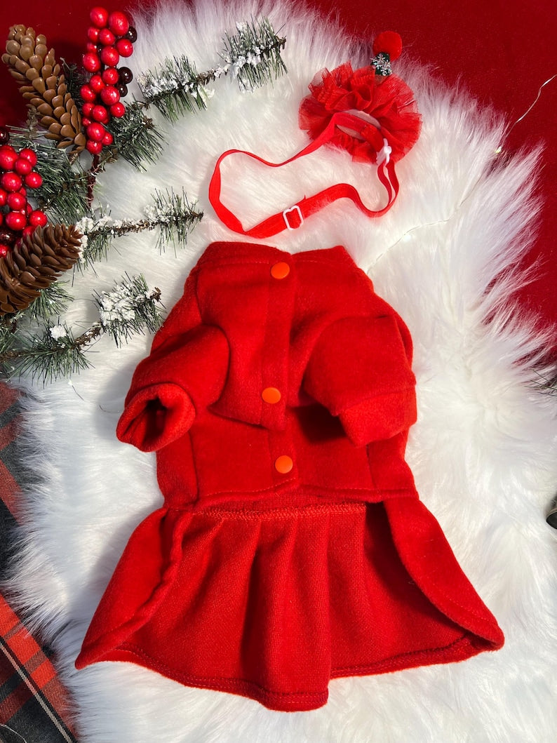 Festive Pup Outfit Set: Christmas Dress & Adorable Hat, Dress for pets, small dog clothes, Christmas dress for dog, Christmas dog outfit