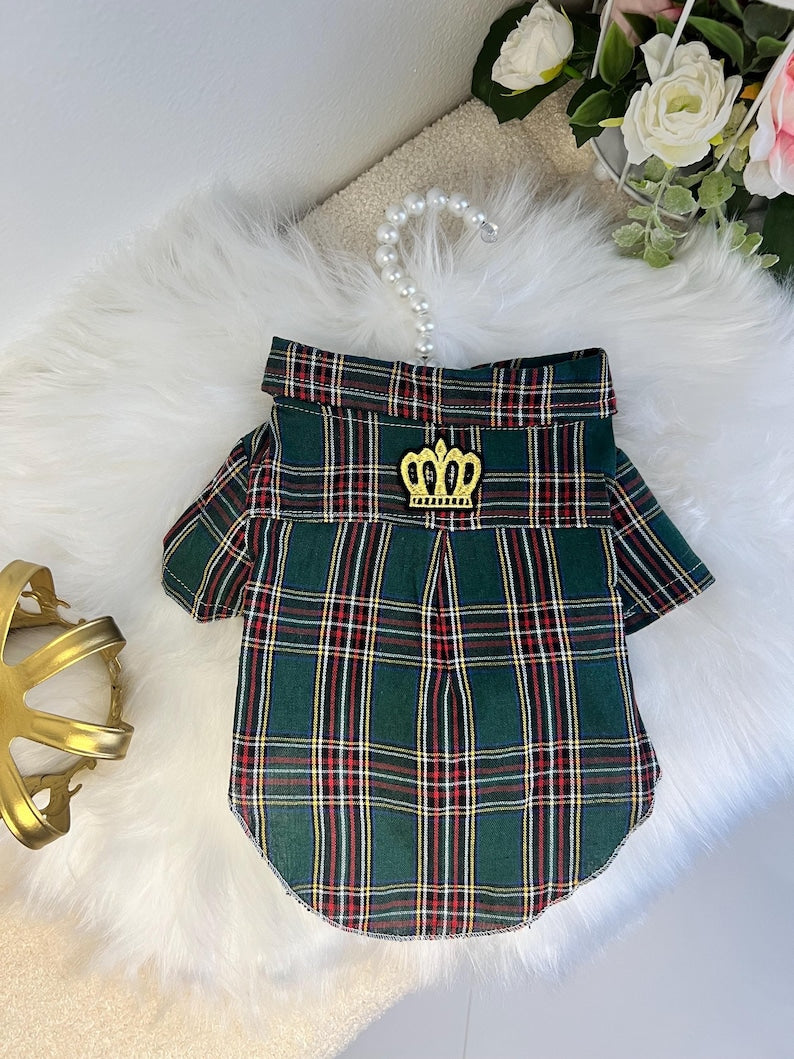 Pet Attire: Green Plaid Crowned Shirt for Pooches, shirt for pets, small dog outfit, Dog fashion, dog Clothes, Green dog shirt, dog pajamas