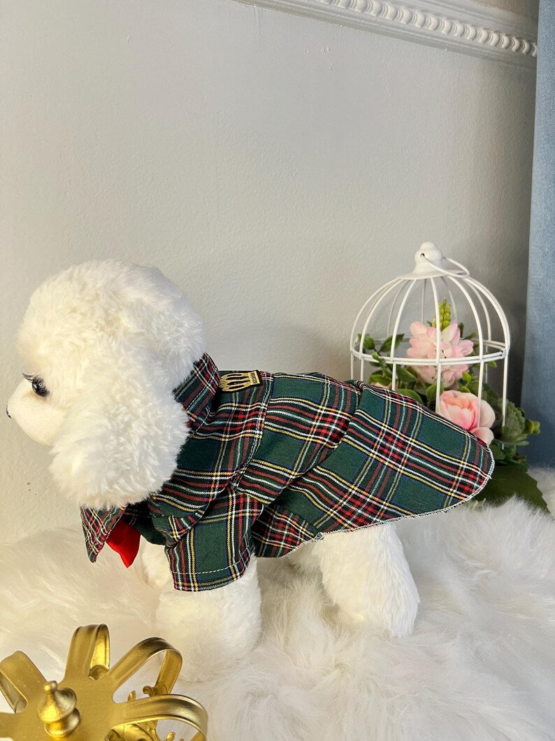 Stylish Green Plaid Dog Shirt - Royal Crown Embellishment, shirt for pets, small dog outfit, Dog fashion, dog Clothes, Green dog shirt