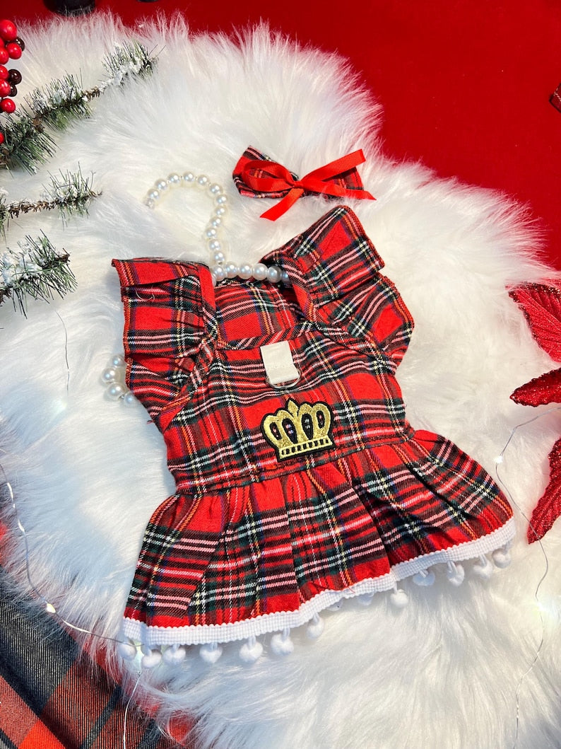 Royal Red Plaid Dog Outfit with Crown and Sweet Bow Clip, dress for pets, small dog outfit, Dog fashion, dog Clothes, wadding dog Clothes