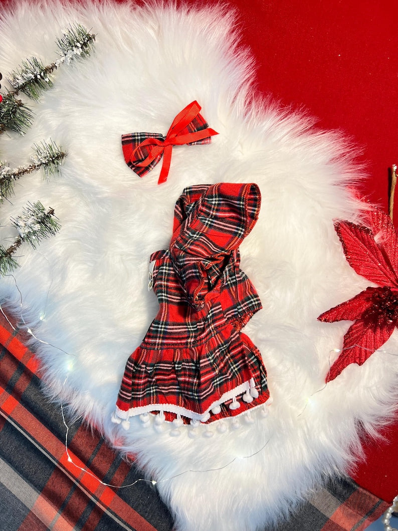 Royal Red Plaid Dog Outfit with Crown and Sweet Bow Clip, dress for pets, small dog outfit, Dog fashion, dog Clothes, wadding dog Clothes