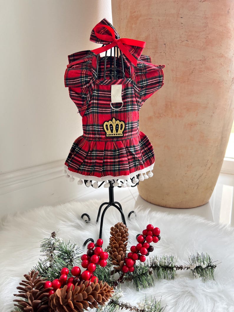 Royal Red Plaid Dog Outfit with Crown and Sweet Bow Clip, dress for pets, small dog outfit, Dog fashion, dog Clothes, wadding dog Clothes