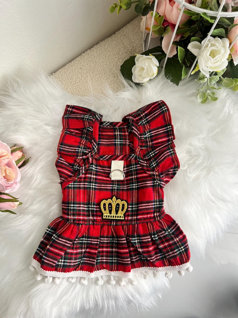 Chic Canine Attire: Red Checkered Dog Dress & Elegant Bow, dress for pets, small dog outfit, Dog fashion, dog Clothes, red dog dress