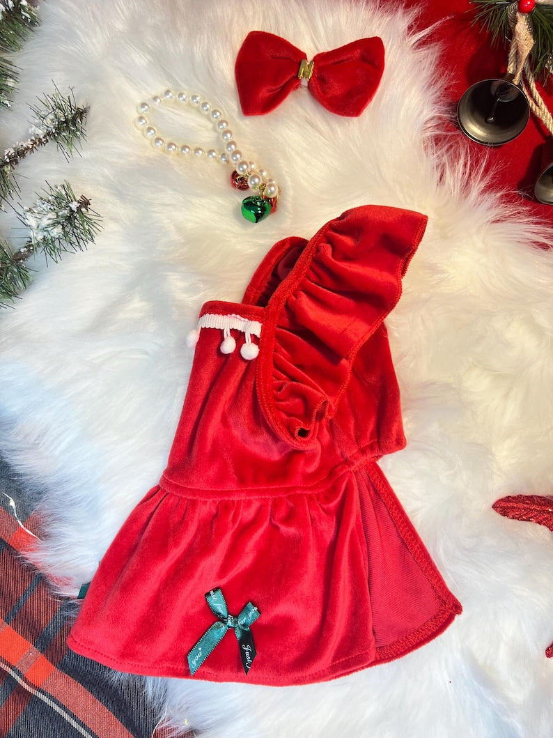 Christmas Pet Outfit: Red Dress, Necklace, and Bow Combo, dress for pets, small dog outfit, Dog fashion, dog Clothes, Christmas pet dress