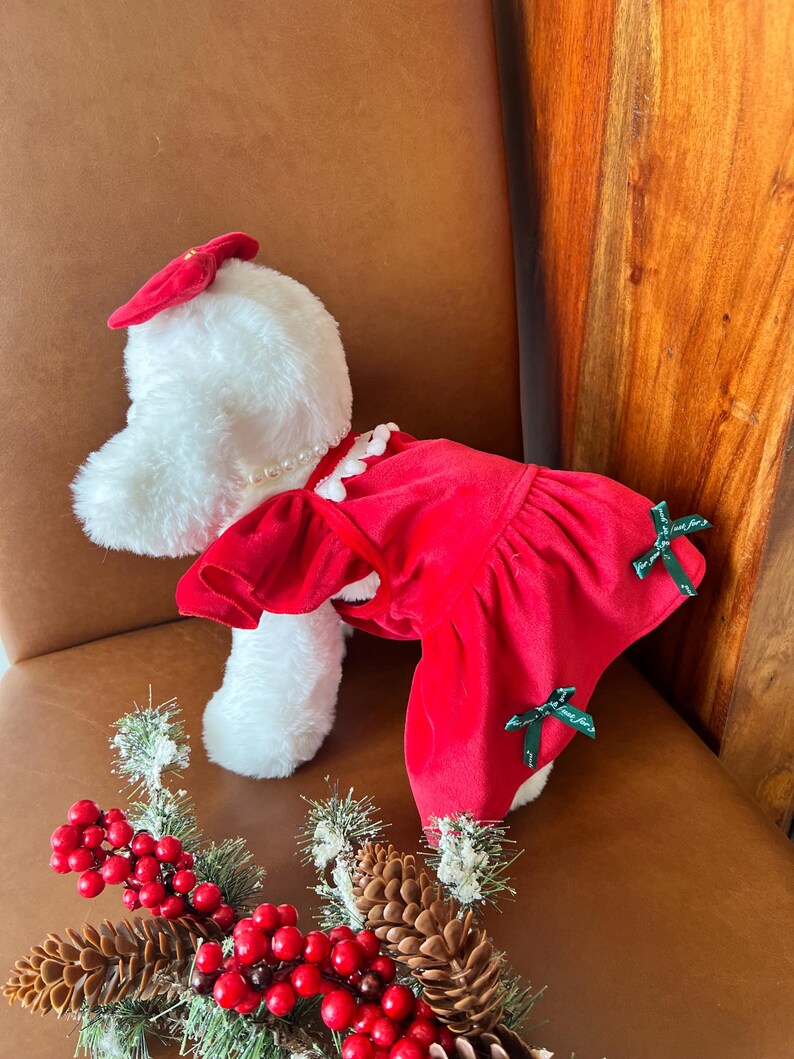 Christmas Pet Outfit: Red Dress, Necklace, and Bow Combo, dress for pets, small dog outfit, Dog fashion, dog Clothes, Christmas pet dress