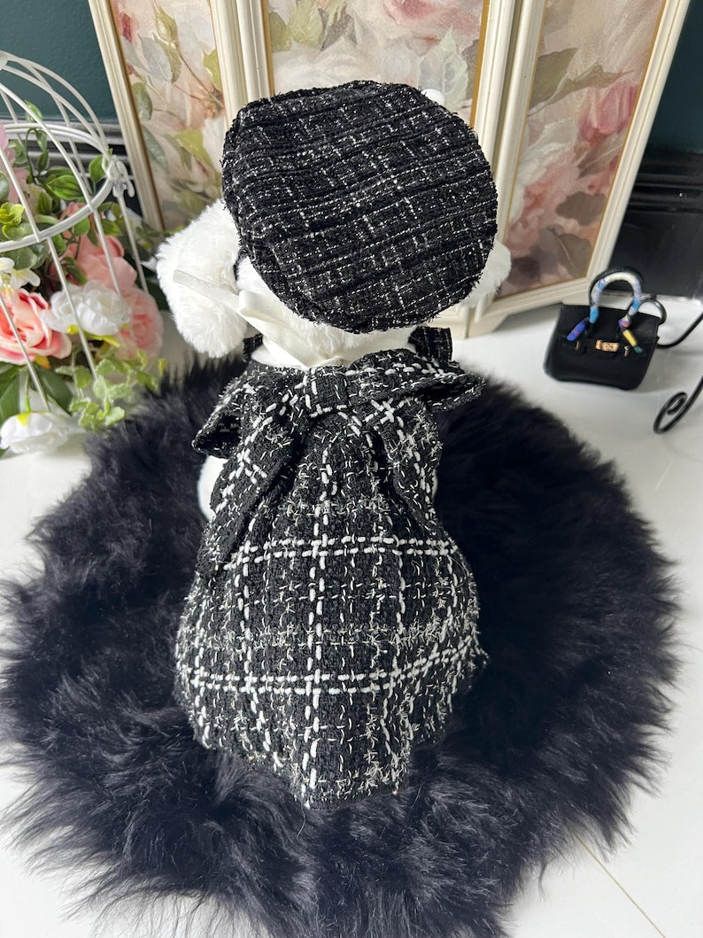 Cozy Vintage Tweed Dress with Charming Collar & Cute Beret, Dog Dresses, puppy clothes, girl Dog accessorius, small Dog clothes, dog outfit