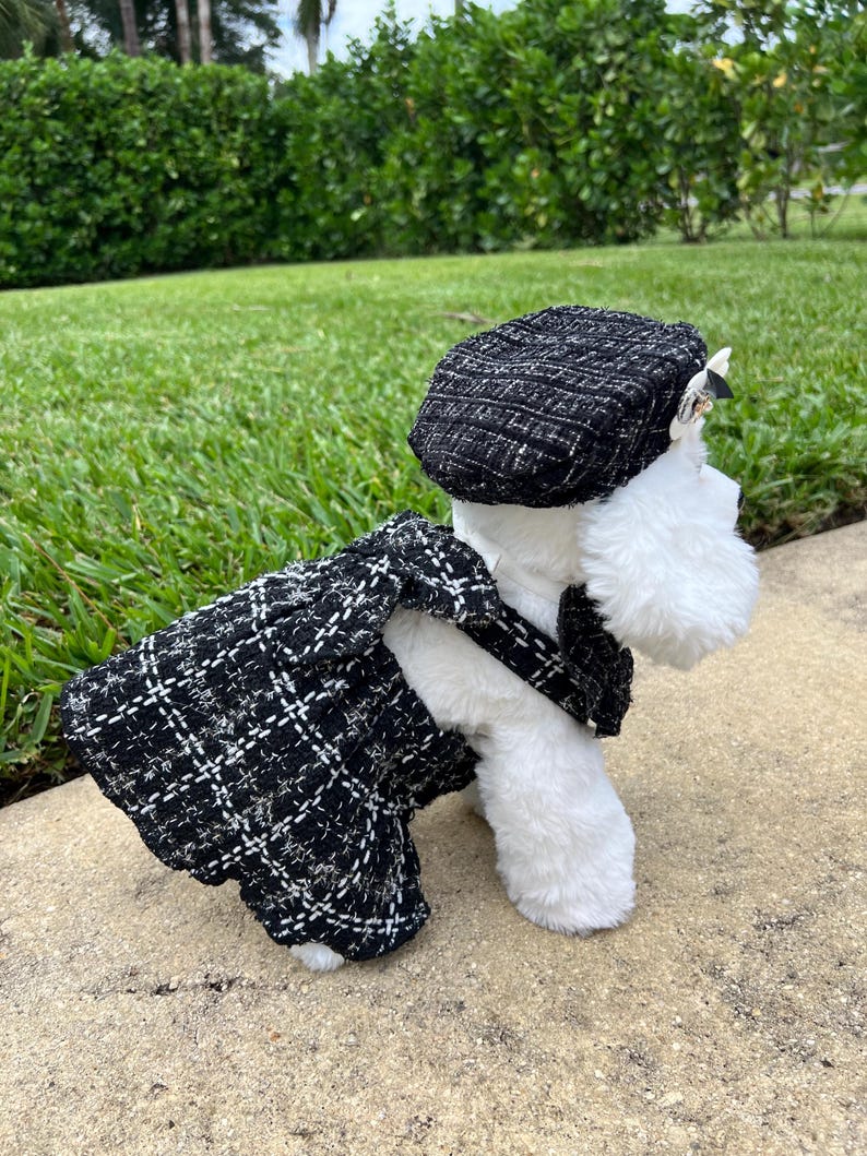 Fashionable Tweed Dress with Stunning Collar & Trendy Beret, Dog Dresses, puppy clothes, girl Dog accessorius, small Dog clothes, dog outfit