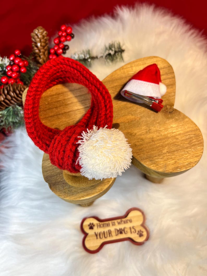 Festive Holiday Pet Scarf - Perfect for Christmas! Clip-On Hat Included, Santa Claus dog collar, Dog Christmas presents, Christmas dog cat