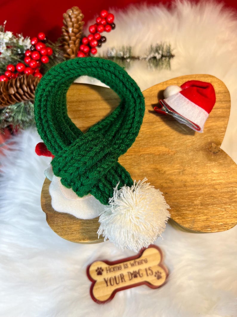 Christmas Pet Fashion Set - Scarf with Adorable Hat Clip Accessory, Christmas present, holiday pet outfit, cute pet accessory, pet scarf