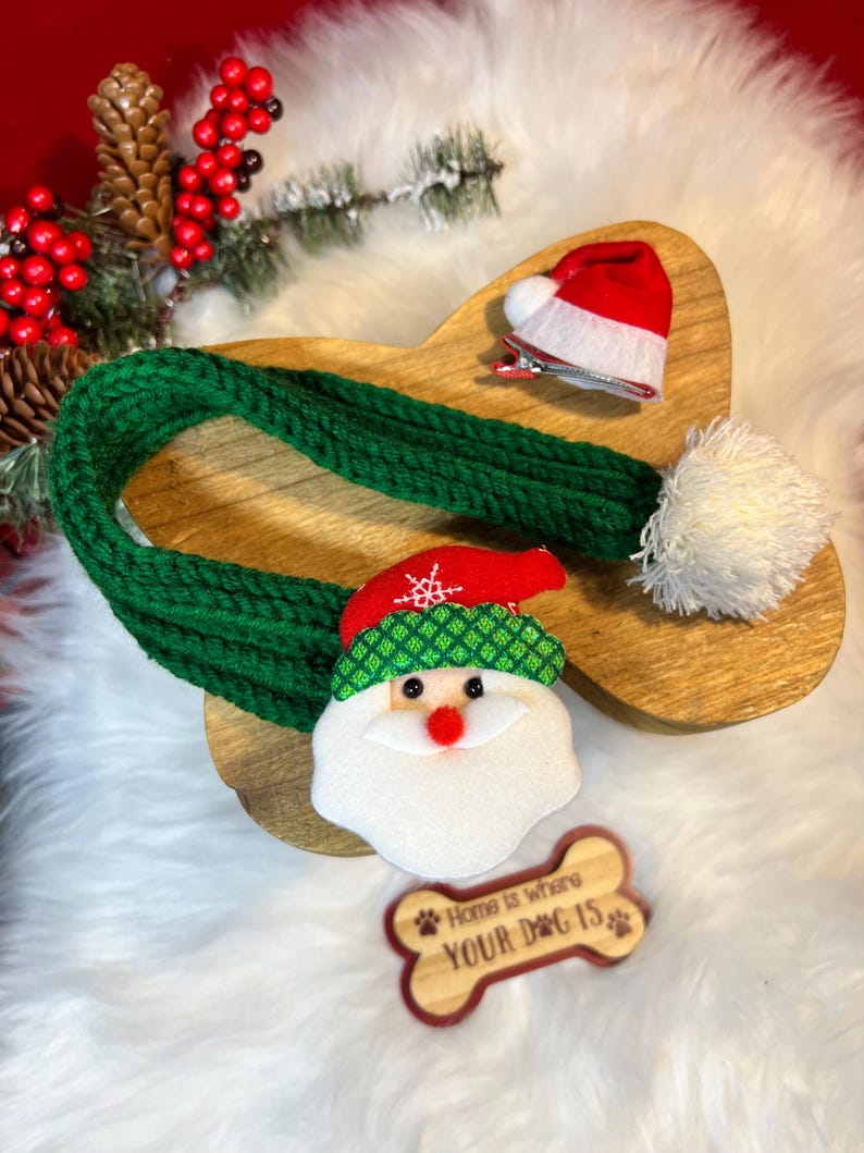 Christmas Pet Fashion Set - Scarf with Adorable Hat Clip Accessory, Christmas present, holiday pet outfit, cute pet accessory, pet scarf