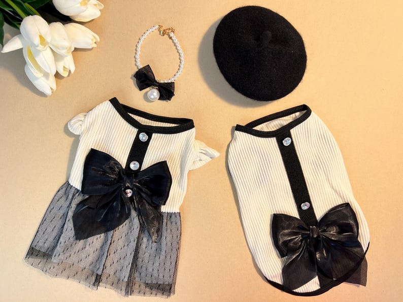 Pet Couture: Luxury Dog Shirt with Beret - Adorable Canine Ensemble , dog clothes, dog dress, pet clothing, dog shirt, pet fashion