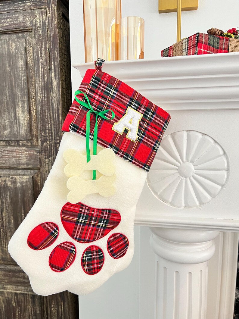 Monogrammed Christmas Stocking for Pets - Custom Gift with Initial, paw stocking, pet stocking, plaid pet stocking, Christmas gift, Dog gift