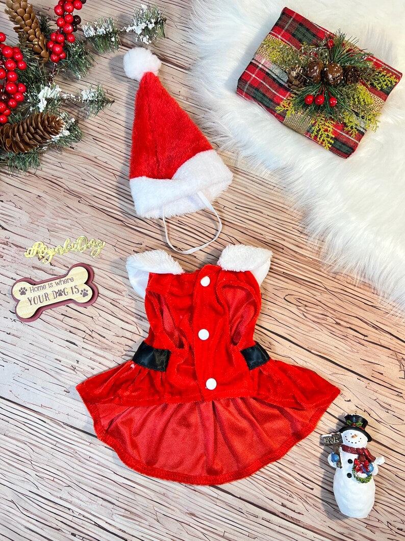 Festive Dog Dress with Santa Hat for Christmas, Dress for pets, Christmas dress for dog, Christmas dog outfit, cute dog costume, pet outfit