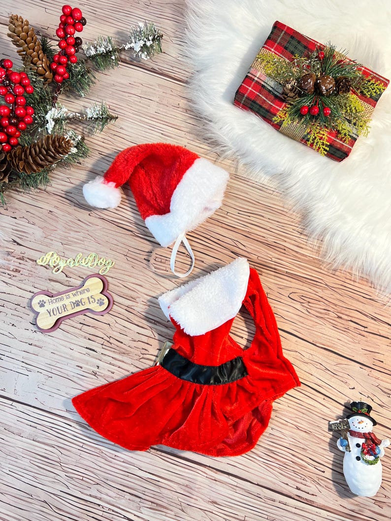 Festive Dog Dress with Santa Hat for Christmas, Dress for pets, Christmas dress for dog, Christmas dog outfit, cute dog costume, pet outfit