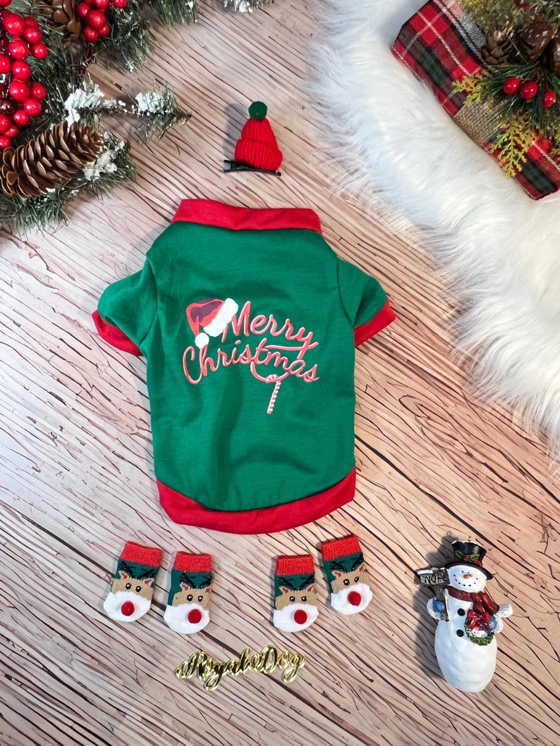 Adorable Christmas Pet Pajamas Set with Cute Socks & Hat Clip, dog lover gift, Dog jumper, Small Dog Christmas pajamas , Holiday dog pajamas
